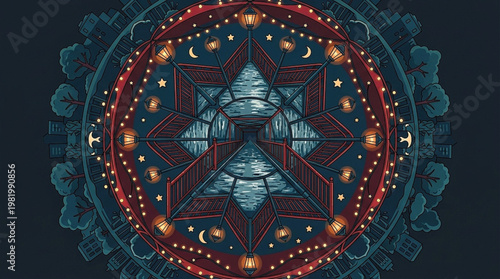 a geometric walkway with railings over water, encircled by spaced street lamps, stars, crescent moons, trees and buildings, on dark background.