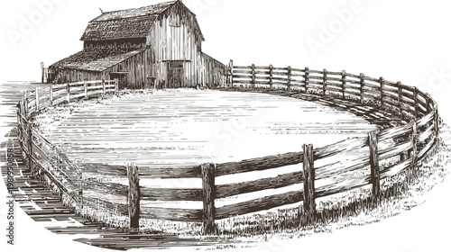 A detailed sketch depicting a weathered wooden barn and a round fence in a rural landscape