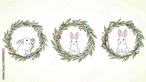 Trio of white bunny rabbits are individually nestled inside circular wreaths made of lush green leaves and colorful spring flowers.