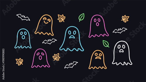 Fun halloween themed design features neon style glowing ghosts bats and autumn leaves scattered across a deep dark black background.