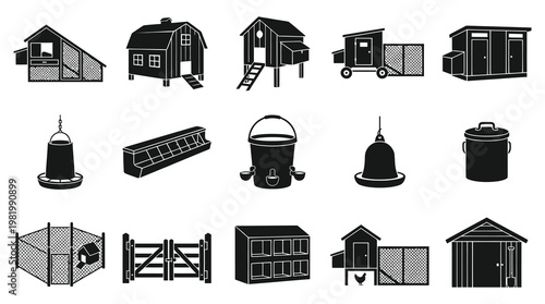 Black  White Glyph Icons of Chicken Coop and Farm Equipment