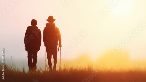 Two hikers with backpacks walking together on a grassy hill during a beautiful sunset creating a serene and tranquil outdoor atmosphere