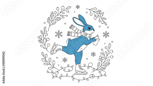 Charming blue rabbit character wears a striped scarf while ice skating inside a festive winter wreath adorned with snowy berries.