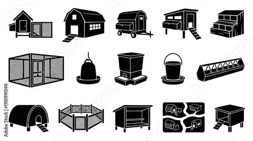Black and White Glyph Icons of Chicken Coop and Farm Equipment