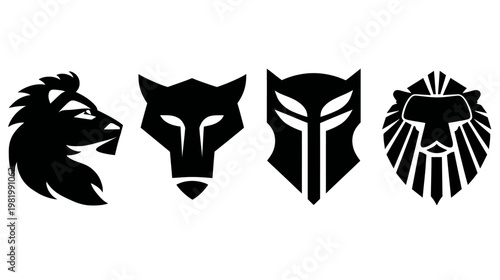 Vector set of stylized animal head and abstract warrior mask silhouettes: fierce lion, powerful wolf, and tribal emblems.