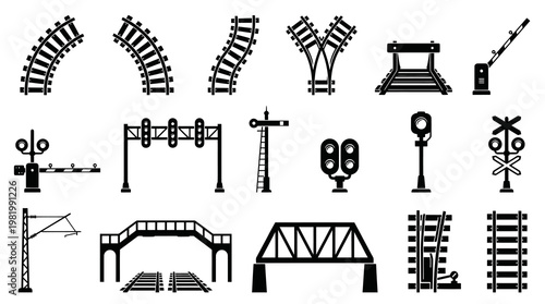 Transportation Railroad Railway Track and Signal Black Glyph Icons Vector Set