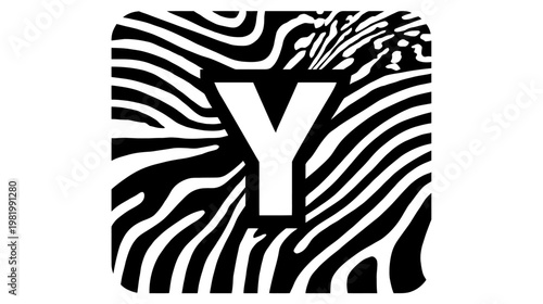 Stylish black and white letter Y with zebra stripe pattern background, modern graphic design element, wild animal print alphabet initial