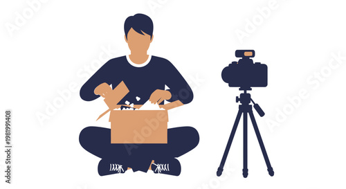 Man unboxing products for video blog with camera on tripod isolated
