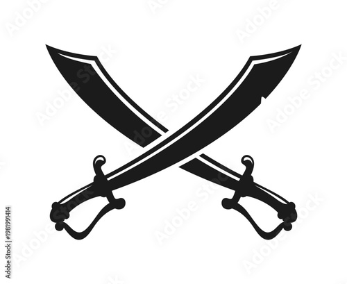 Crossed pirate saber sword silhouette icon with curved corsair blades. Black vector pirate weapon isolated classic cutlass emblem for buccaneer and sea robber symbol, sharp battle daggers cross emblem
