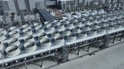 Close up of an Ai Datacenter with the chilling towers, power inverted and step down units with other data center cooling mechanical equipment  