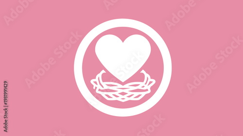 Abstract white heart icon resting in a nest design within a circle on a soft pastel pink background, symbolizing love and care.
