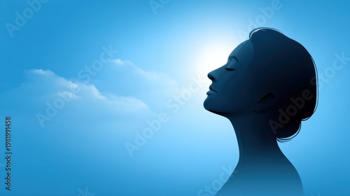 Serene Profile of a Woman Against an Ethereal Blue Sky with Soft Clouds for a Calm and Peaceful Atmosphere in Artistic Representation