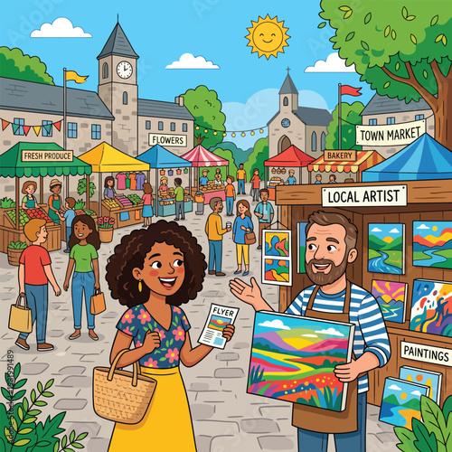 Smiling woman talking to a local artist holding a landscape painting at a busy town square market, vector illustration.