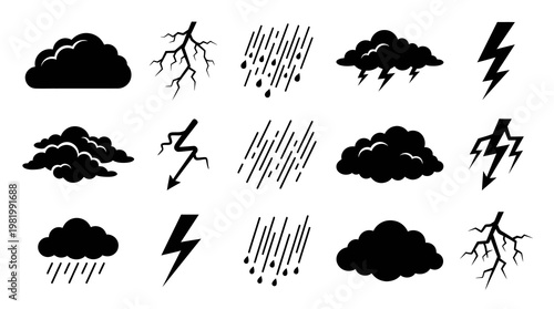 Weather Forecasting Glyph Icons Set: Clouds, Rain, Thunderstorm, and Lightning Symbols