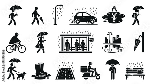Black and White Glyph Icons of Rainy Day Activities and Weather