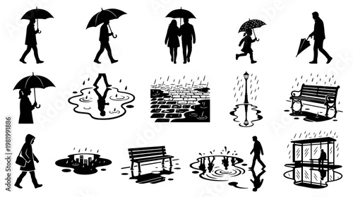 Weather: People with Umbrellas in Rain Black and White Silhouette Icon Set