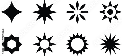 set of eight black and white floral starburst icons minimalist design vector illustration