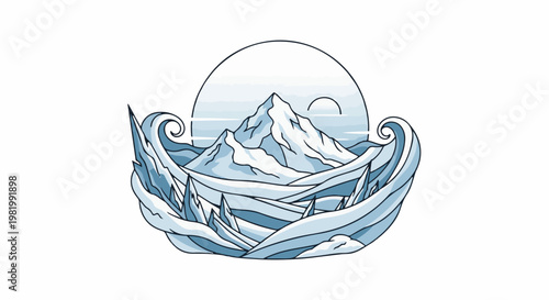 Stylized ice-covered mountains emerge from a swirling, frosty landscape