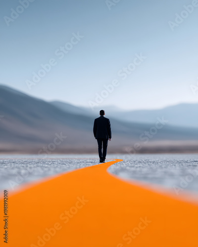 Business vision concept with man walking on orange path, career success road, leadership goal route
