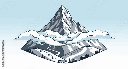 Stylized snowy mountain with ski lifts and chalets under clouds
