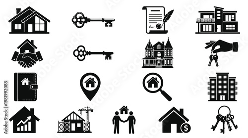 Real Estate and Property Glyph Icons Set: Houses, Keys, Construction, Finance Symbols