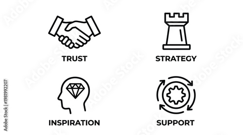 Business strategy and partnership icons, trust inspiration support, vector EPS