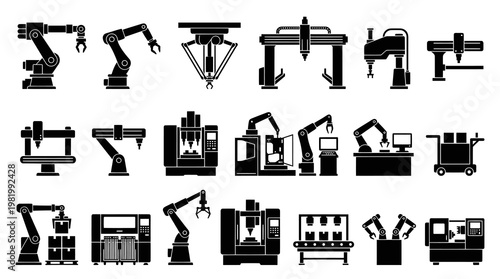 Industrial Automation Robotics and Manufacturing Machines Glyph Icons Set