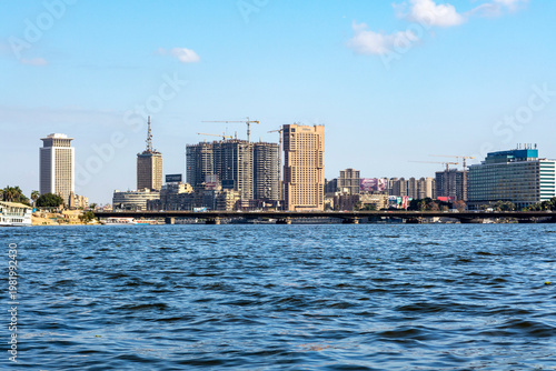 February 19, 2026, Cairo, Egypt, the full-flowing Nile River. The largest city in the Middle East and Africa. View from a pleasure boat.