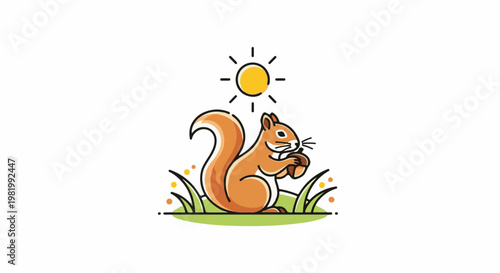 Stylized squirrel holding acorn under bright sun in grassy field