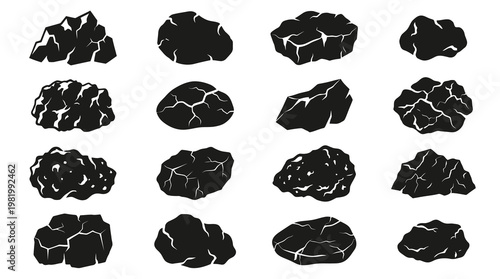 Mining and Energy Industry Black Coal and Carbon Mineral Rocks Glyph Set