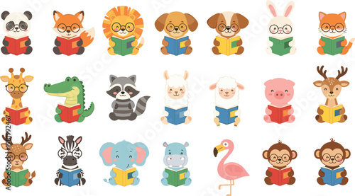 Large Set of Cute Safari and Jungle Animal Characters Reading Books Featuring Elephant Giraffe Zebra Lion Crocodile Hippo Flamingo and Monkey for Kids School Library Decor