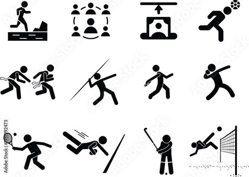 Active Sports, Competition, and Teamwork Black Solid Vector Silhouettes icon set