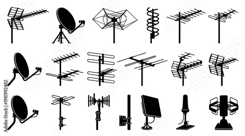 Communication Technology Antennas and Satellite Dishes Vector Silhouette Icons Set