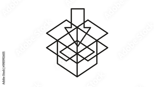 Minimalist black line art vector icon of an open cardboard box with a downward pointing arrow, symbolizing download, installation, incoming delivery, or storage, isolated on white background.