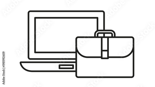 Business laptop and briefcase vector icon illustration, professional work equipment symbol for office, remote employment, and digital nomad lifestyle, minimalist black line art graphic.