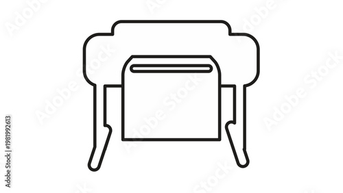 Black line art vector icon of a modern office printer with a sheet of paper being printed, minimalist outline illustration of computer hardware equipment for business and home office use.