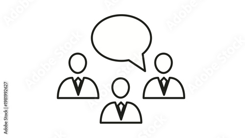 Cuadro en lienzo Minimalist black vector icon illustration of three businessmen in suits with a speech bubble, representing team communication, group discussion, professional feedback, and collaborative meeting