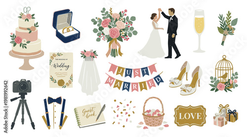 Wedding celebration elements and symbols including cake, rings, flowers, attire, and decor for a romantic marriage event