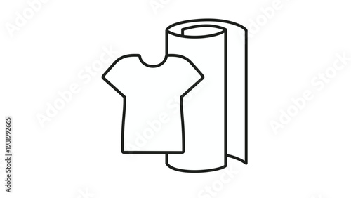 Textile and Clothing Production Vector Icon Illustration: A Minimalist Black Line Art Symbol Representing Fabric Rolls and T-Shirt Manufacturing for Fashion Industry and Tailoring Concepts