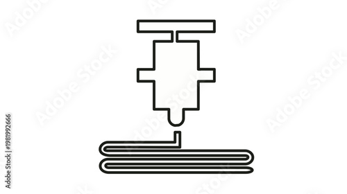 3D printer nozzle extruding material layers vector icon illustration, representing additive manufacturing, rapid prototyping, industrial technology, and innovation in digital fabrication.