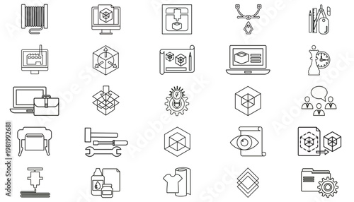 25 Minimalist Black Vector Icon Set Collection featuring Education, 3D Printing, Industrial Manufacturing, Graphic Design, Business Office, Engineering, Medical, and Construction Line Symbols.
