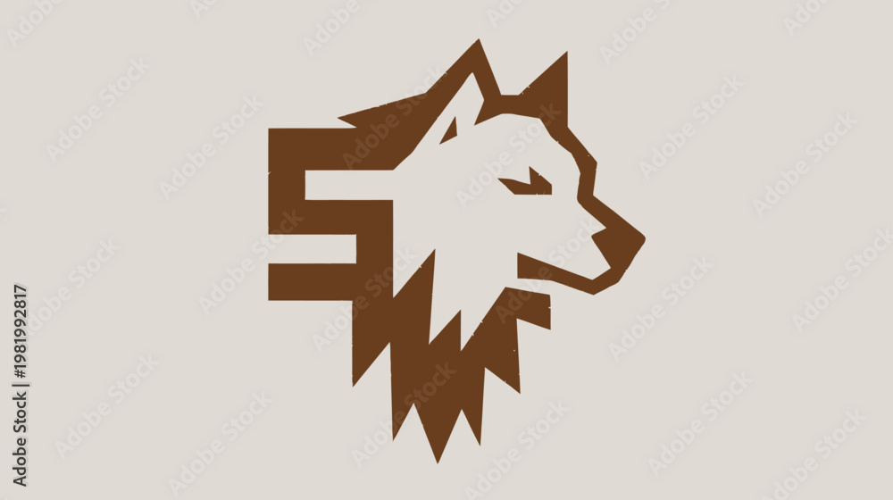 Fototapeta premium Geometric Stylized Wolf Head Logo with Number Five - Wild Animal Icon Design on Light Background for Strength & Power