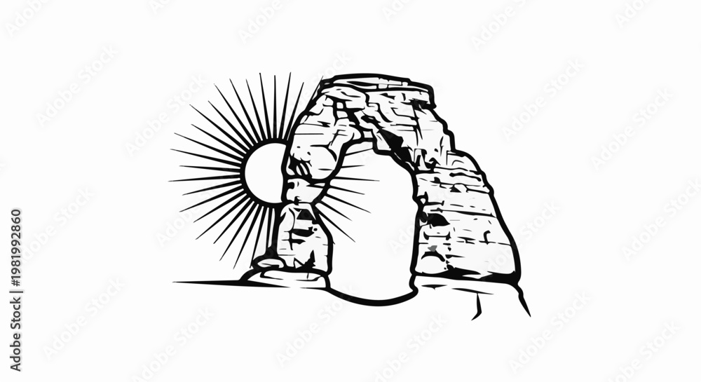 Obraz premium Stylized sun behind a natural rock arch formation