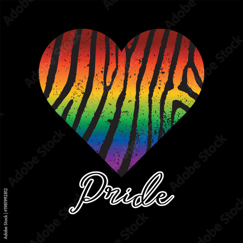 Rainbow heart icon with vertical tiger stripe pattern and white outlined "Pride" text on black background, LGBTQ+ symbol for fashion and streetwear design.