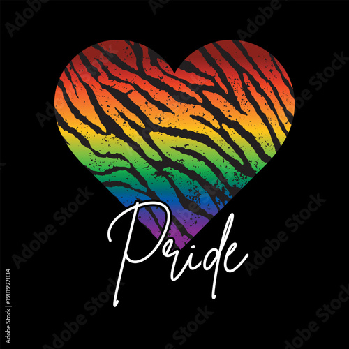 Rainbow heart with zebra animal print and "Pride" script text on black background, LGBTQ+ concept for apparel and wild love design.