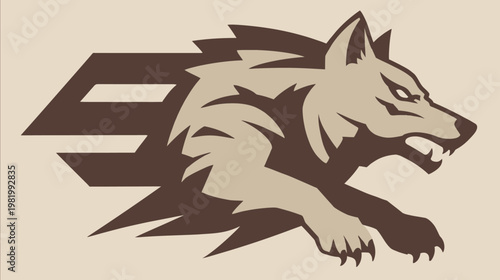 Dynamic running wolf head symbol illustration, fierce predator emblem for sports, gaming, or branding. Aggressive canine mascot.