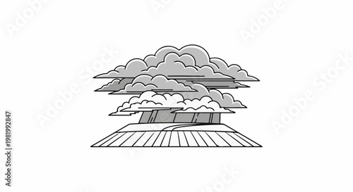 Stylized stormy clouds raining over a field with a winding path