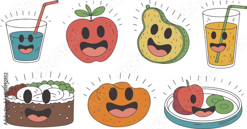 Cute smiling cartoon fruits drinks and desserts with happy faces illustration set