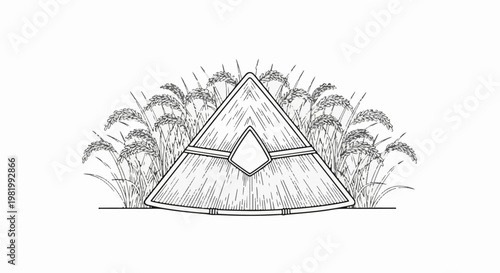 Stylized straw hat symbol with rice stalks on a white background