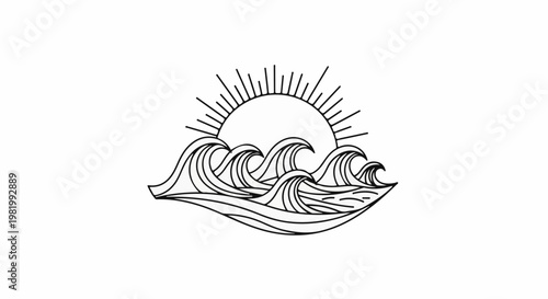 Stylized sun rising over choppy ocean waves